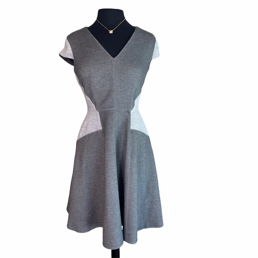 Rebecca Taylor Black Gray White Stripe Fit Flare V-Neck Dress